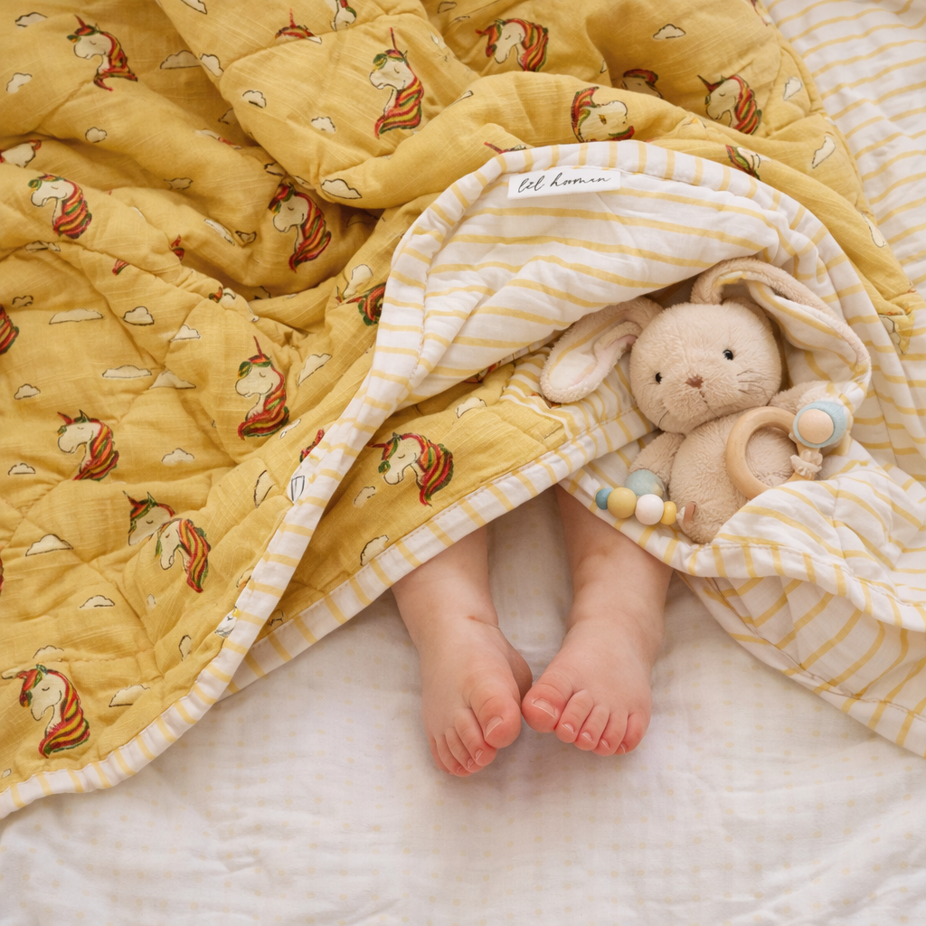 Magical Beginnings – Yellow Unicorn Block Printed Cotton Baby Quilt