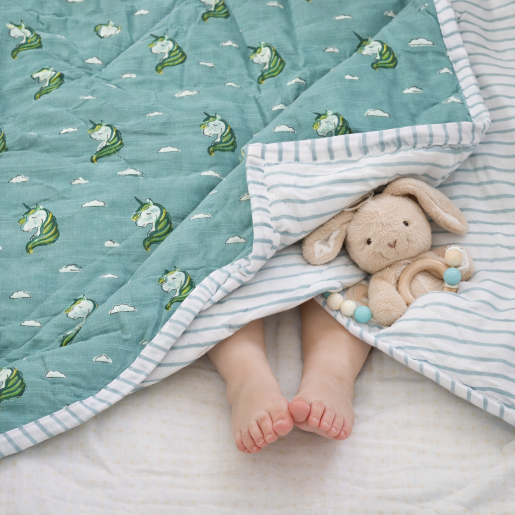 Magical Beginnings – Blue Unicorn Block Printed Cotton Baby Quilt