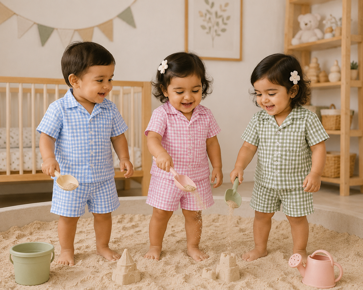 Lil Meadow – Green Woven Gingham Cotton Night Suit | 12–18 Months