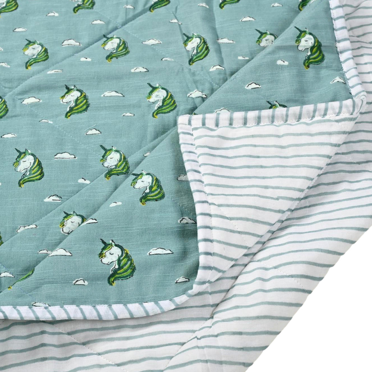 Magical Beginnings – Blue Unicorn Block Printed Cotton Baby Quilt
