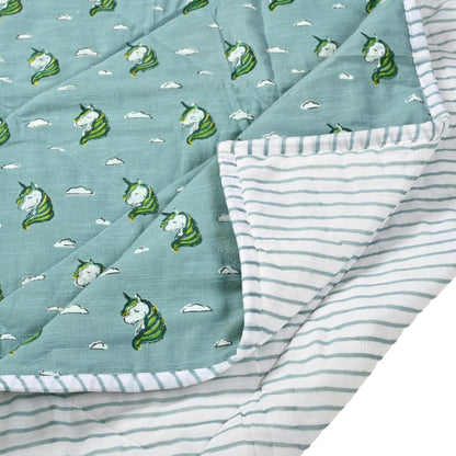 Magical Beginnings – Blue Unicorn Block Printed Cotton Baby Quilt