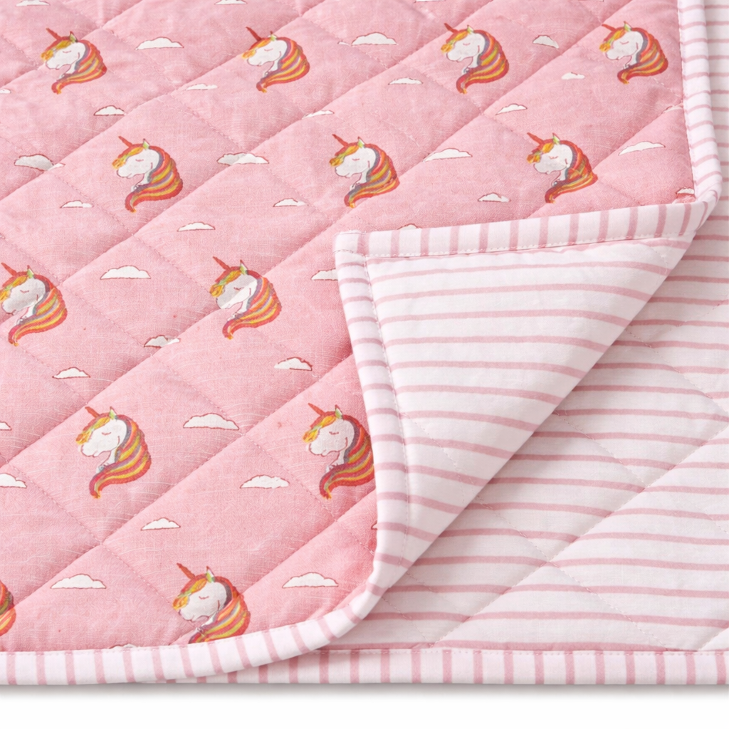 Magical Beginnings – Pink Unicorn Block Printed Cotton Baby Quilt