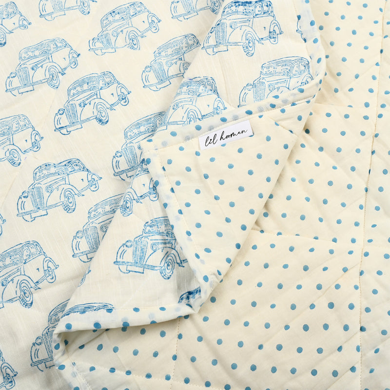 Snuggly Ride – Teal Car Block Printed Cotton Baby Quilt