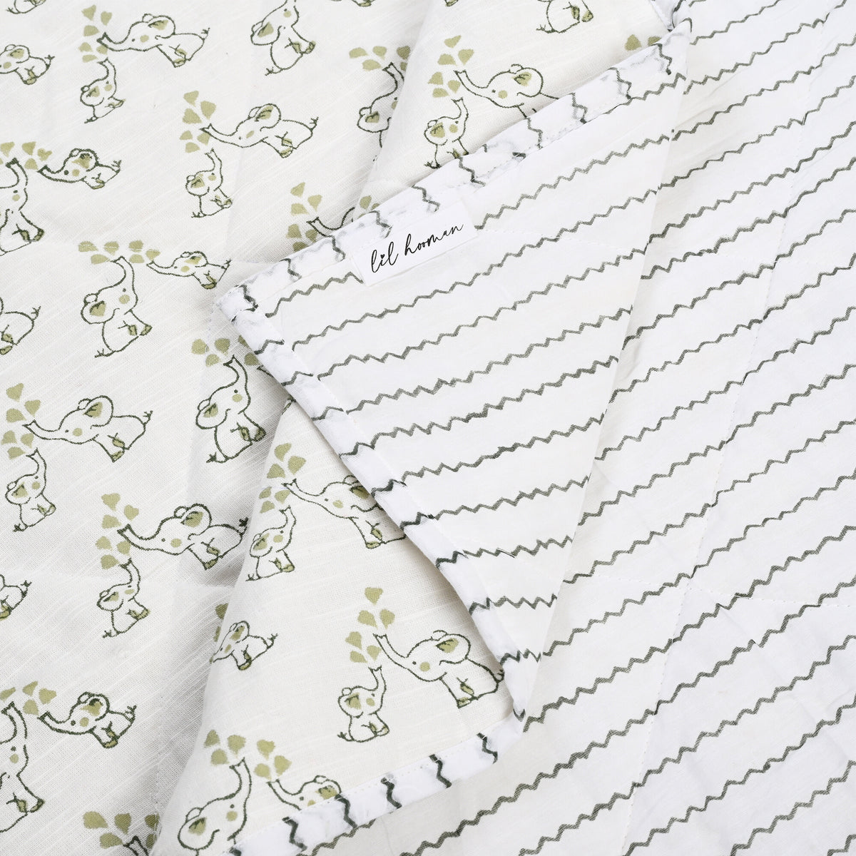Jumbo & Jr. – Olive & Sage Elephant Block Printed Cotton Baby Quilt