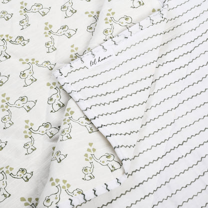 Jumbo & Jr. – Olive & Sage Elephant Block Printed Cotton Baby Quilt