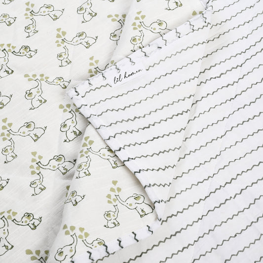 Jumbo & Jr. – Olive & Sage Elephant Block Printed Cotton Baby Quilt
