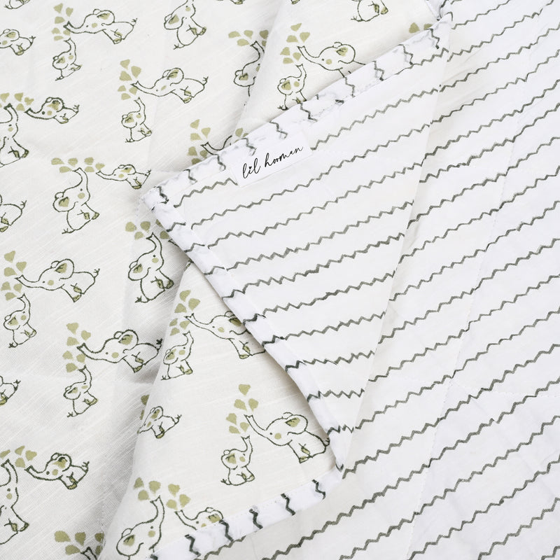 Jumbo & Jr. – Olive & Sage Elephant Block Printed Cotton Baby Quilt