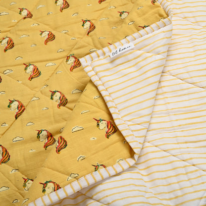 Magical Beginnings – Yellow Unicorn Block Printed Cotton Baby Quilt