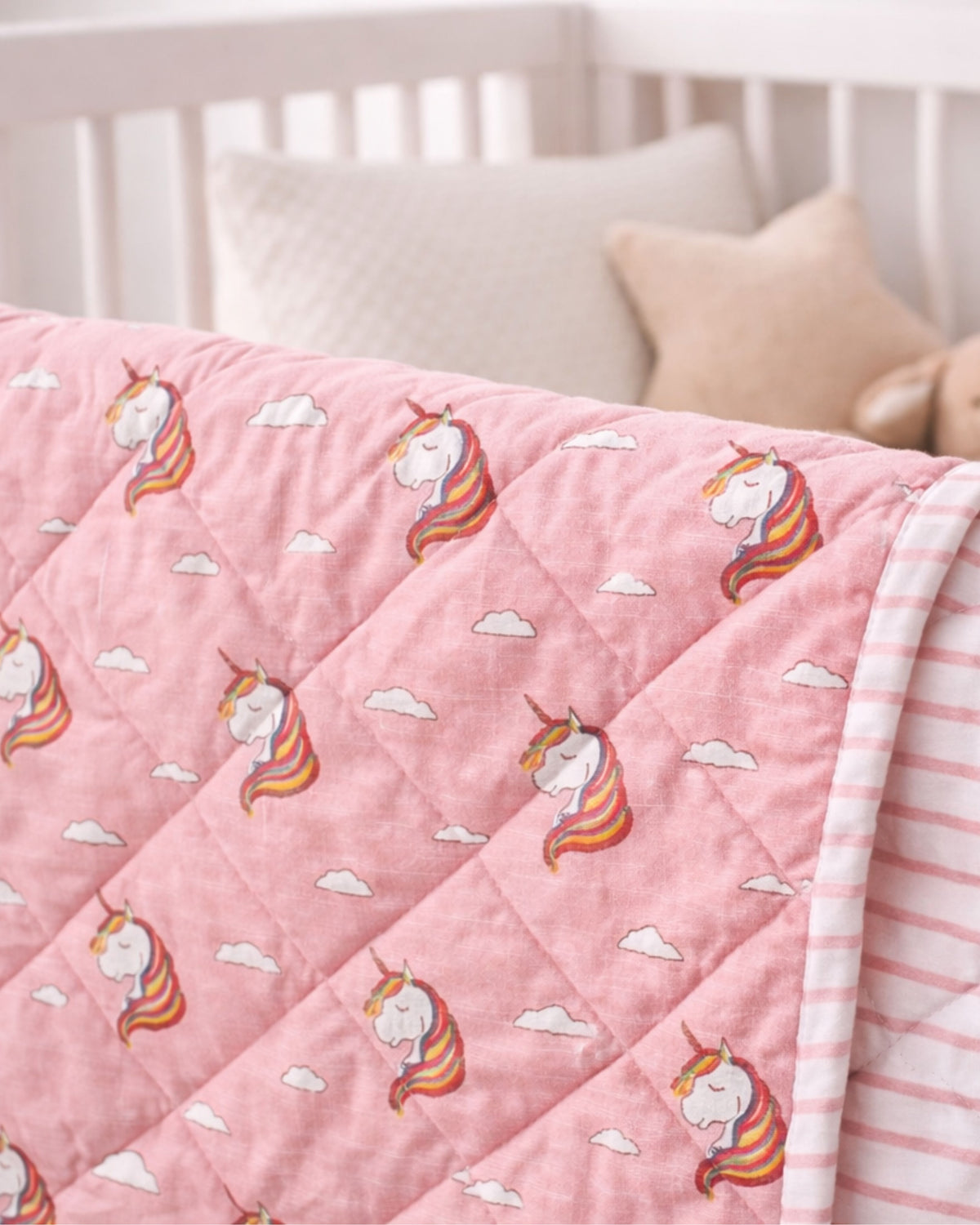 Magical Beginnings – Pink Unicorn Block Printed Cotton Baby Quilt