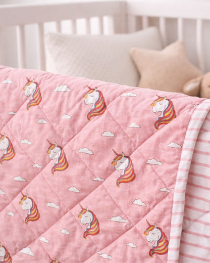 Magical Beginnings – Pink Unicorn Block Printed Cotton Baby Quilt