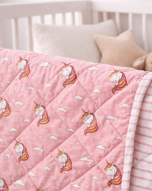 Magical Beginnings – Pink Unicorn Block Printed Cotton Baby Quilt