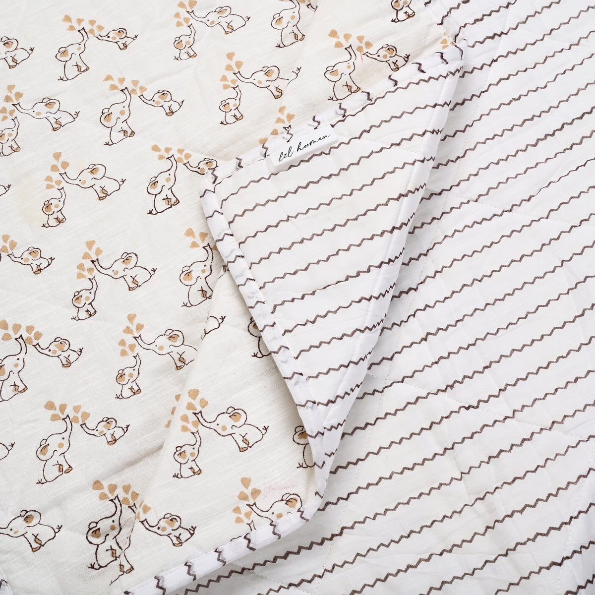 Jumbo & Jr. – Brown & Beige Elephant Block Printed Cotton Baby Quilt