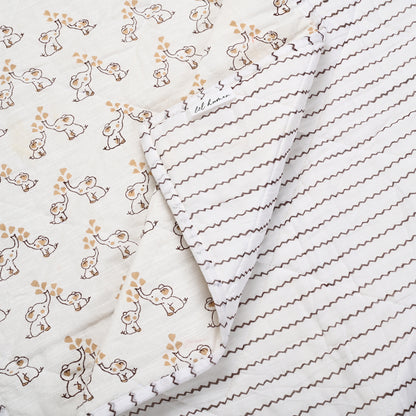 Jumbo & Jr. – Brown & Beige Elephant Block Printed Cotton Baby Quilt