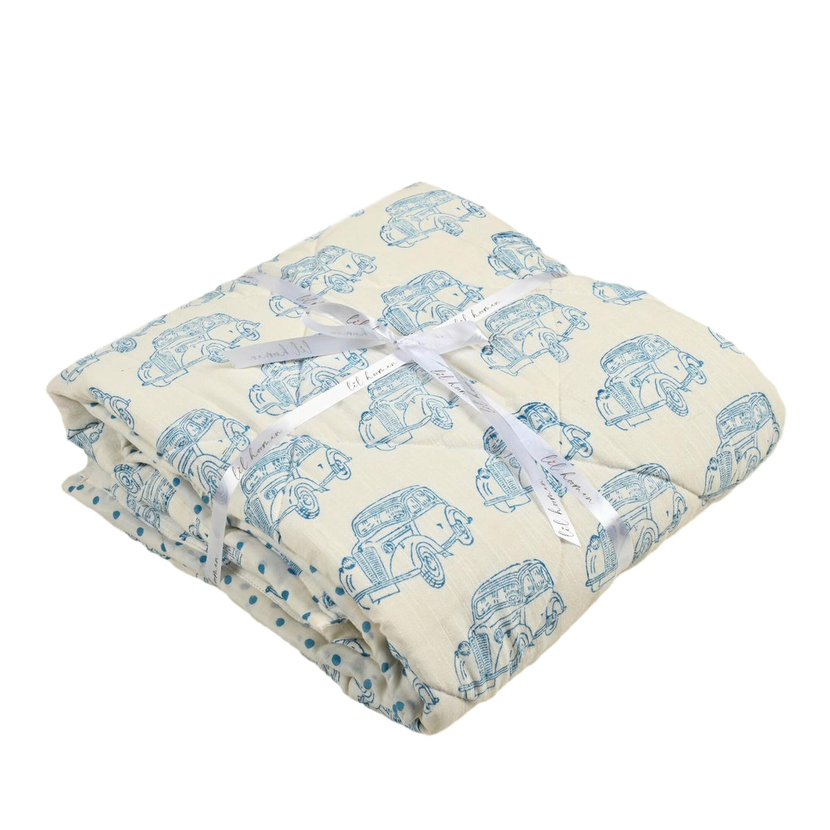 Snuggly Ride – Teal Car Block Printed Cotton Baby Quilt