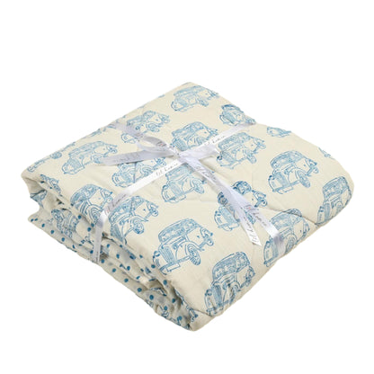 Snuggly Ride – Teal Car Block Printed Cotton Baby Quilt