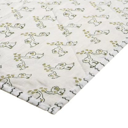 Jumbo & Jr. – Olive & Sage Elephant Block Printed Cotton Baby Quilt