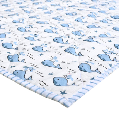 Tides & Tales – Blue Whale Block Printed Cotton Baby Quilt