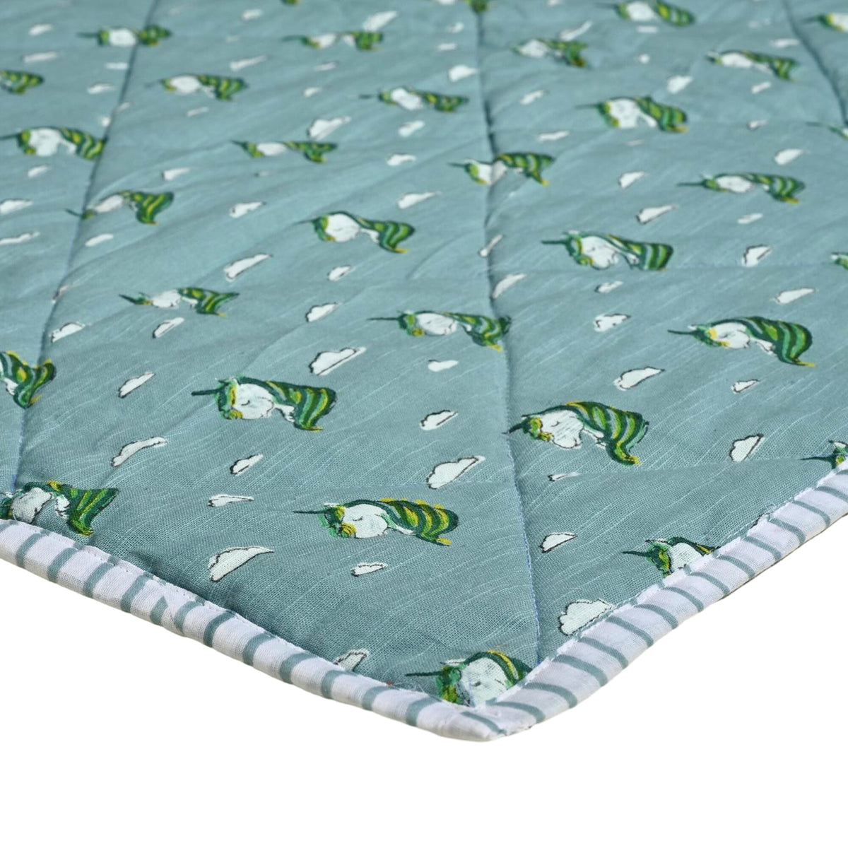 Magical Beginnings – Blue Unicorn Block Printed Cotton Baby Quilt