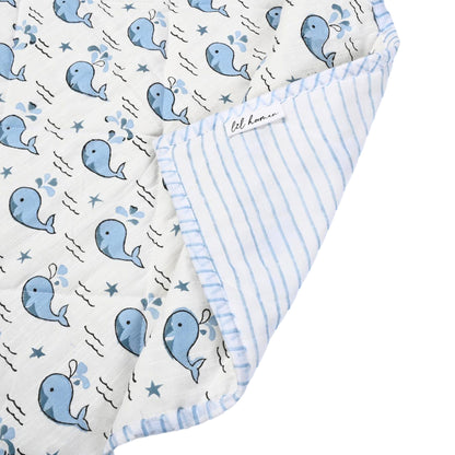 Tides & Tales – Blue Whale Block Printed Cotton Baby Quilt