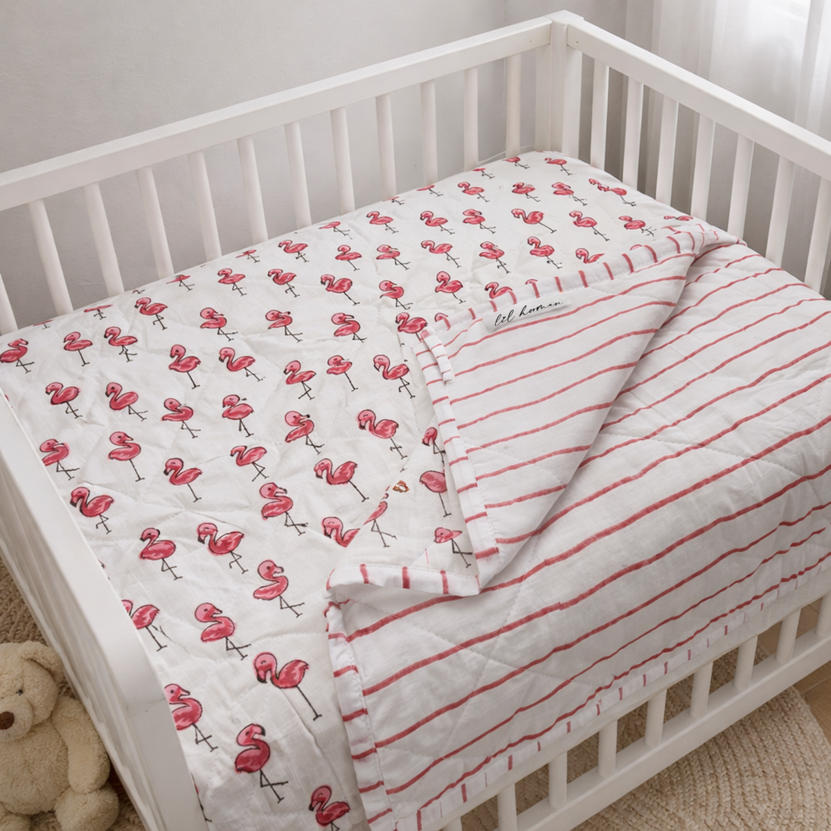 Lil' Flamingle – Pink Flamingo Block Printed Cotton Baby Quilt