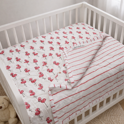 Lil' Flamingle – Pink Flamingo Block Printed Cotton Baby Quilt