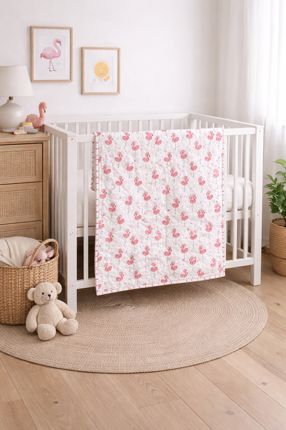 Lil' Flamingle – Pink Flamingo Block Printed Cotton Baby Quilt