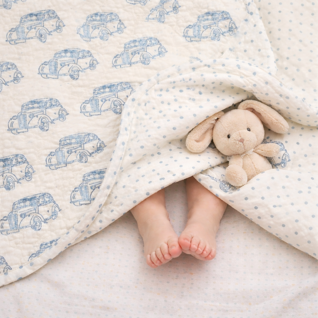 Snuggly Ride – Teal Car Block Printed Cotton Baby Quilt
