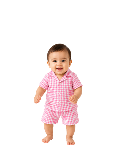 Pink Picnic – Pink Woven Gingham Cotton Night Suit | 6–12 Months