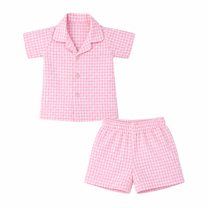 Pink Picnic – Pink Woven Gingham Cotton Night Suit | 6–12 Months