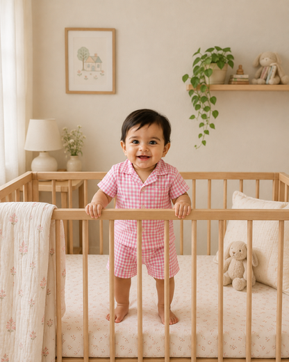 Pink Picnic – Pink Woven Gingham Cotton Night Suit | 6–12 Months