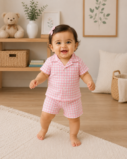 Pink Picnic – Pink Woven Gingham Cotton Night Suit | 6–12 Months