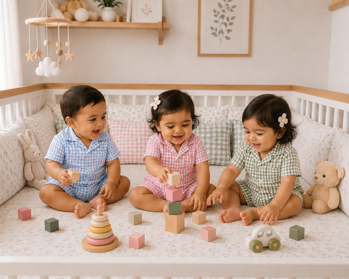Pink Picnic – Pink Woven Gingham Cotton Night Suit | 6–12 Months