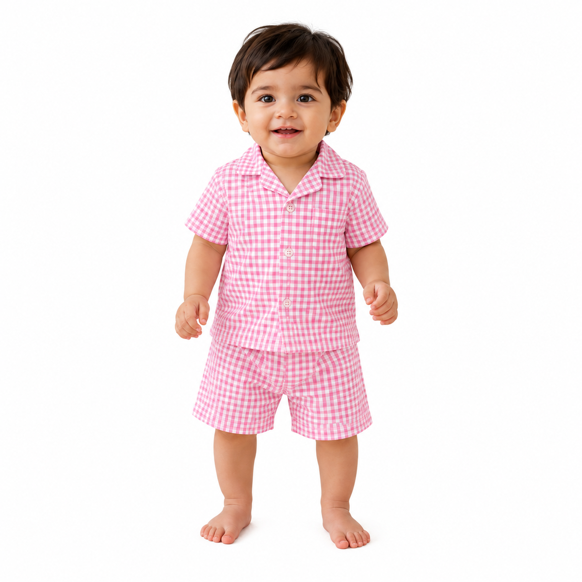 Pink Picnic – Pink Woven Gingham Cotton Night Suit | 12–18 Months