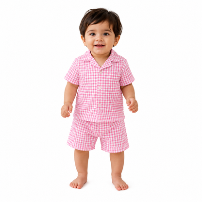 Pink Picnic – Pink Woven Gingham Cotton Night Suit | 12–18 Months