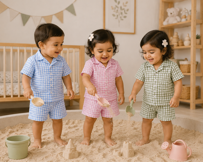 Pink Picnic – Pink Woven Gingham Cotton Night Suit | 12–18 Months