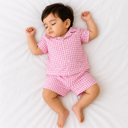 Pink Picnic – Pink Woven Gingham Cotton Night Suit | 12–18 Months