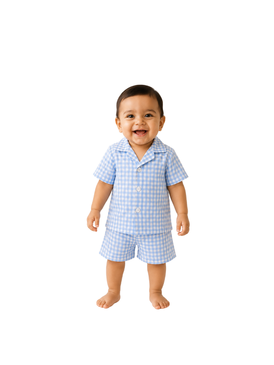 Blue-a-Boo – Blue Woven Gingham Cotton Night Suit | 6–12 Months