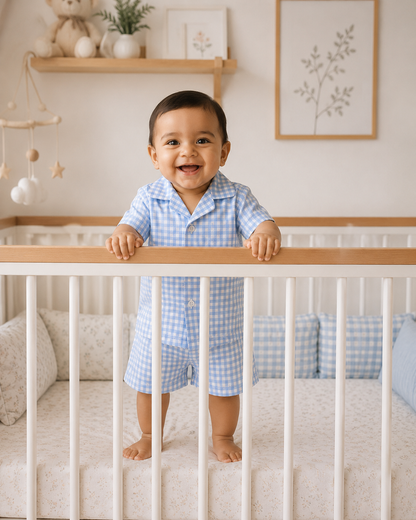 Blue-a-Boo – Blue Woven Gingham Cotton Night Suit | 6–12 Months