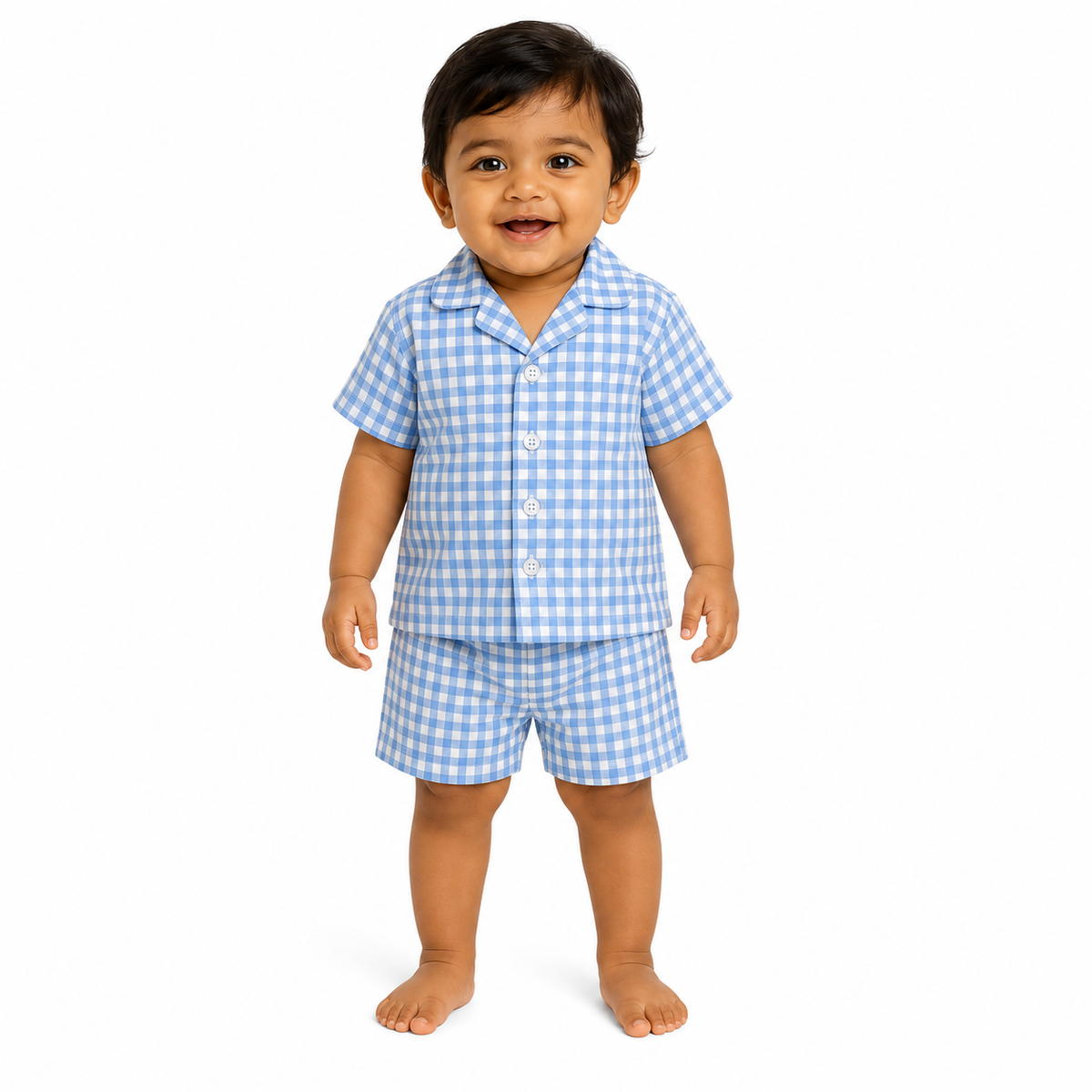 Blue-a-Boo – Blue Woven Gingham Cotton Night Suit | 12–18 Months