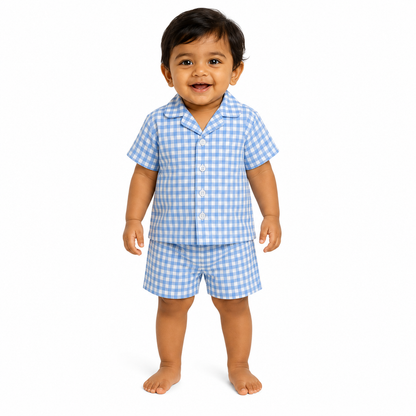 Blue-a-Boo – Blue Woven Gingham Cotton Night Suit | 12–18 Months