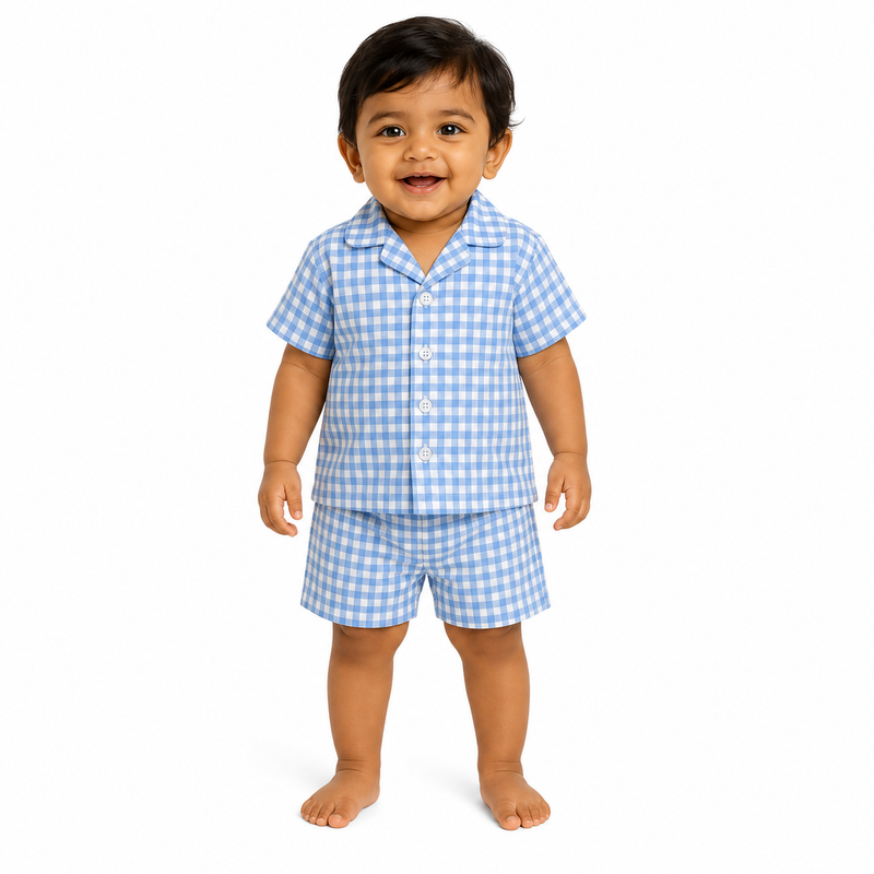 Blue-a-Boo – Blue Woven Gingham Cotton Night Suit | 12–18 Months