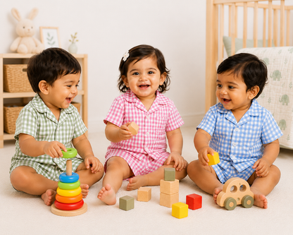 Blue-a-Boo – Blue Woven Gingham Cotton Night Suit | 12–18 Months