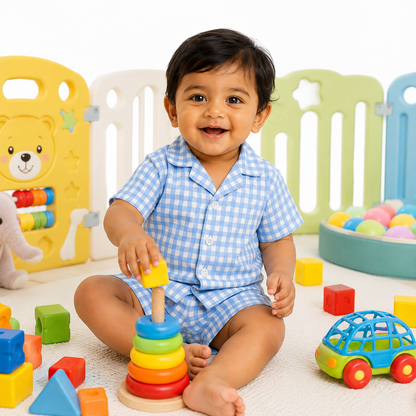 Blue-a-Boo – Blue Woven Gingham Cotton Night Suit | 12–18 Months