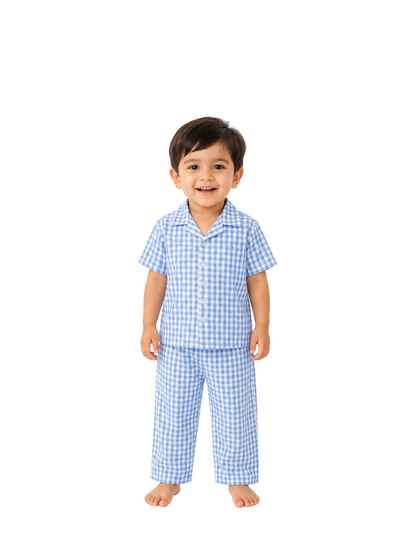 Blue-a-Boo – Blue Woven Gingham Cotton Night Suit | 2–3 Years