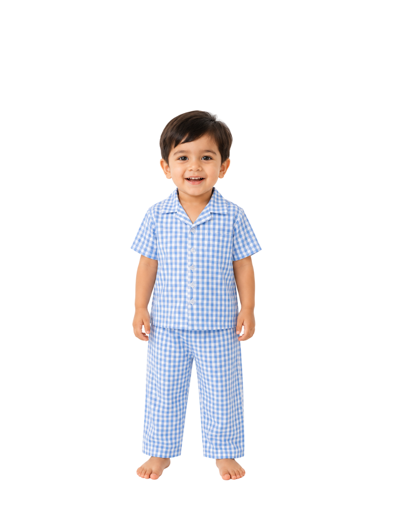 Blue-a-Boo – Blue Woven Gingham Cotton Night Suit | 2–3 Years