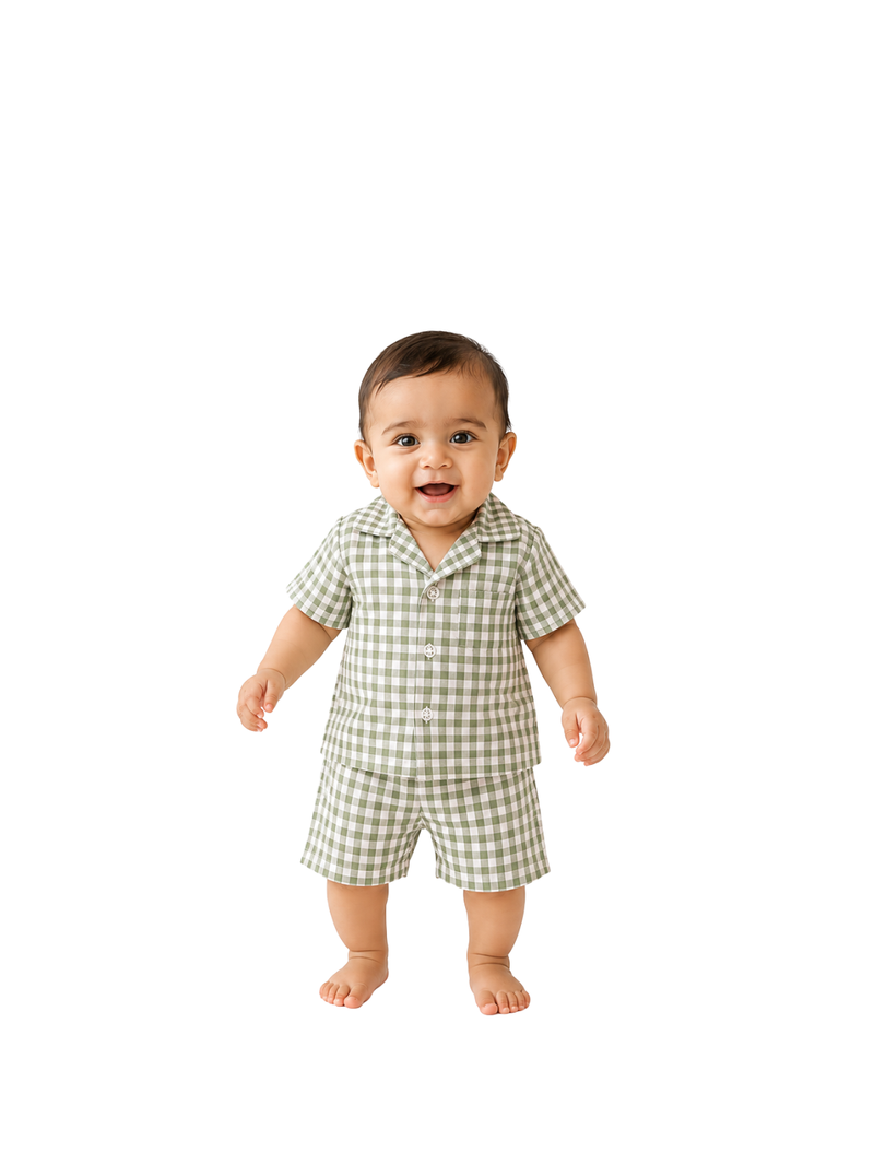 Lil Meadow – Green Woven Gingham Cotton Night Suit | 6–12 Months