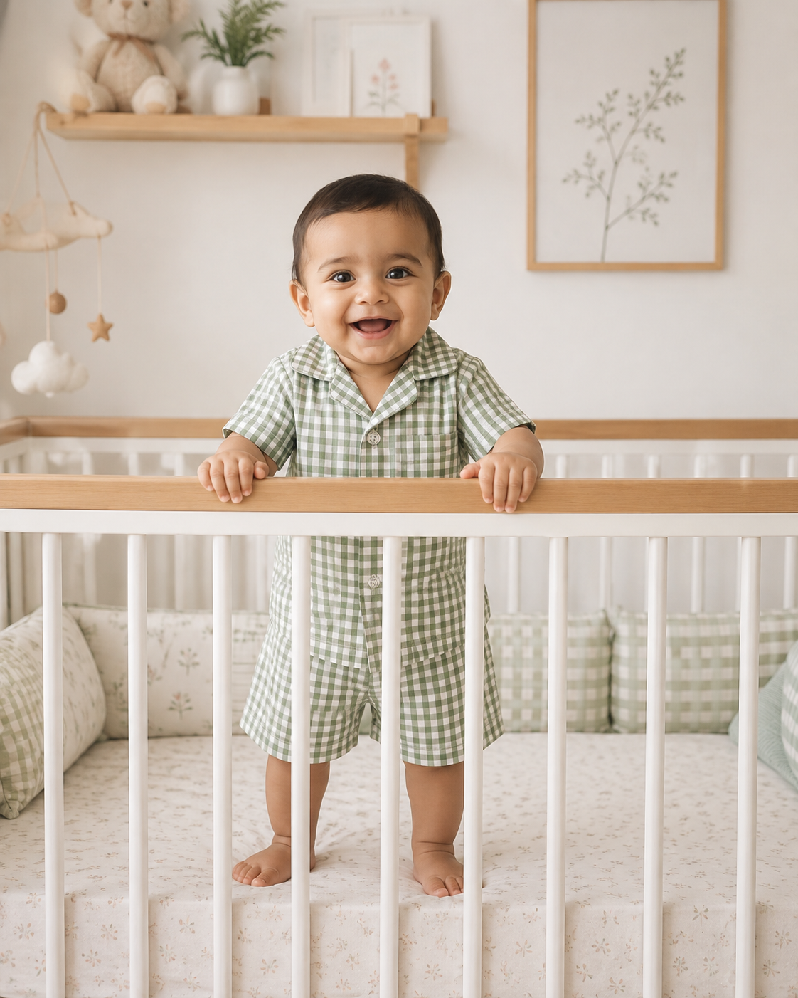 Lil Meadow – Green Woven Gingham Cotton Night Suit | 6–12 Months
