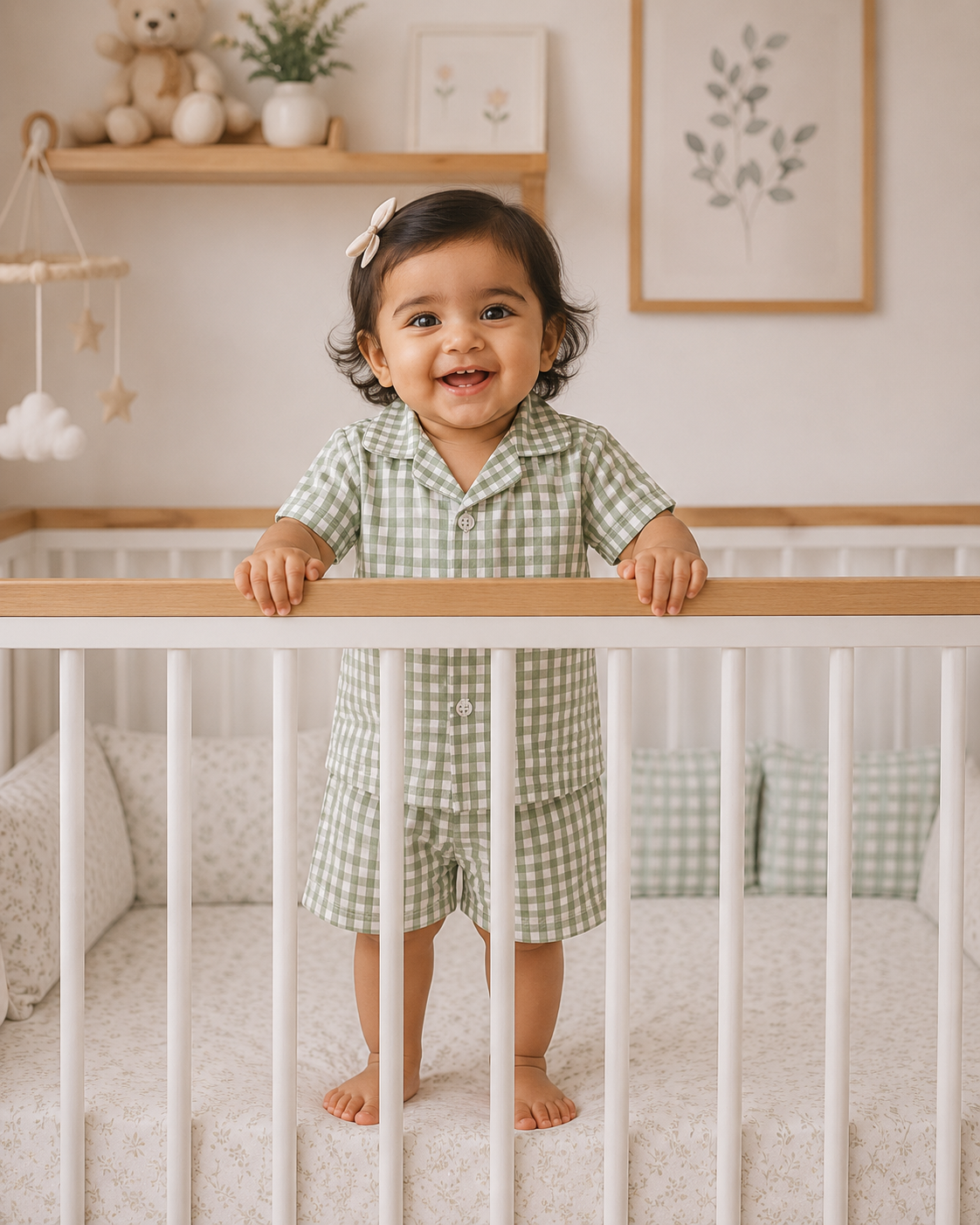 Lil Meadow – Green Woven Gingham Cotton Night Suit | 6–12 Months