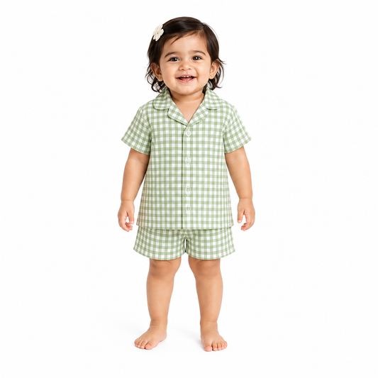 Lil Meadow – Green Woven Gingham Cotton Night Suit | 12–18 Months
