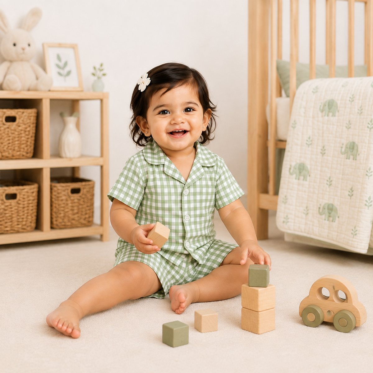 Lil Meadow – Green Woven Gingham Cotton Night Suit | 12–18 Months